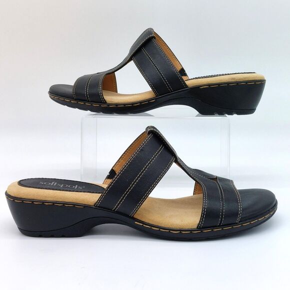 Softspots Pillowtop Sandals 7.5 M Black Leather Strappy Heel Slip-Ons Comfort - Picture 2 of 10